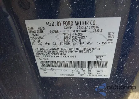 2007 Ford F-150 Lariat/Xlt from USA, damaged, VIN 1FTPW12V17KD43068